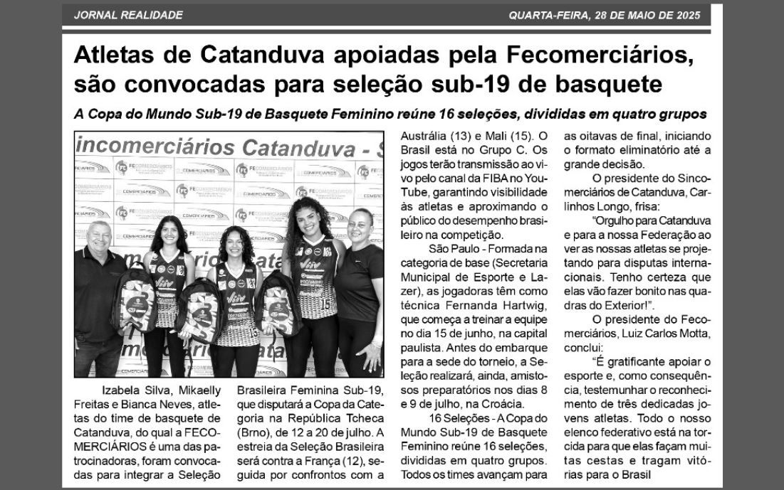 Jornal Realidade destaca apoio da Fecomerciários ao time de basquete de Catanduva